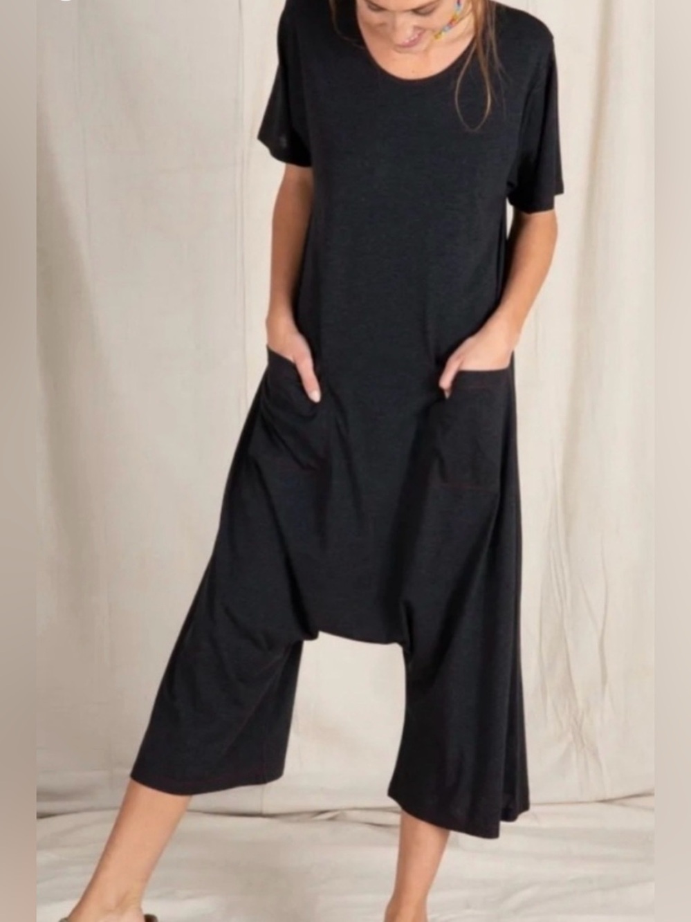 Natural Life Nomad Knit Johnie Jumpsuit Size L/XL Charcoal Gray Pockets Wide Leg
